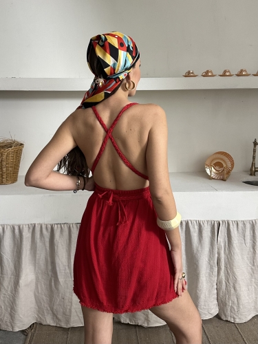Brunella Askılı Organik Müslin Kumaş Kuşaklı Elbise Kırmızı - 3