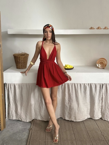 Brunella Askılı Organik Müslin Kumaş Kuşaklı Elbise Kırmızı - 5