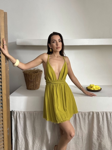 Brunella Askılı Organik Müslin Kumaş Kuşaklı Elbise Yeşil - 2