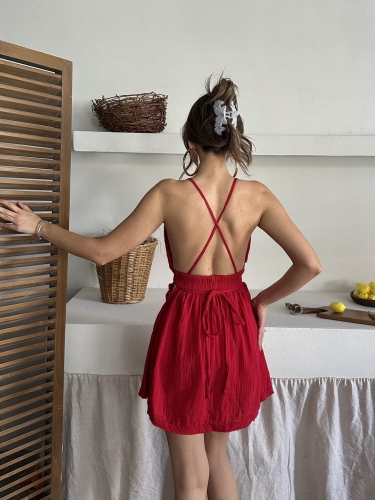 Celine İp Askılı Organik Müslin Kumaş Mini Elbise Kırmızı - 4
