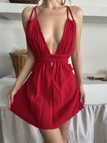 Celine İp Askılı Organik Müslin Kumaş Mini Elbise Kırmızı - 3
