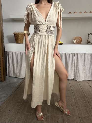 Elsa Yırtmaçlı Müslin Kumaş Şahmeran Elbise Bej - 7