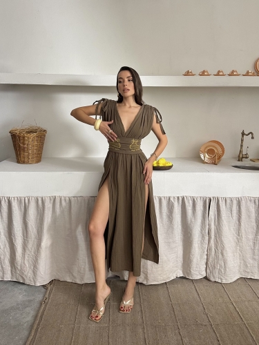Elsa Yırtmaçlı Müslin Kumaş Şahmeran Elbise Kahverengi - 3