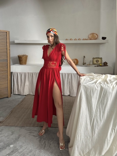 Elsa Yırtmaçlı Müslin Kumaş Şahmeran Elbise Kırmızı - 3