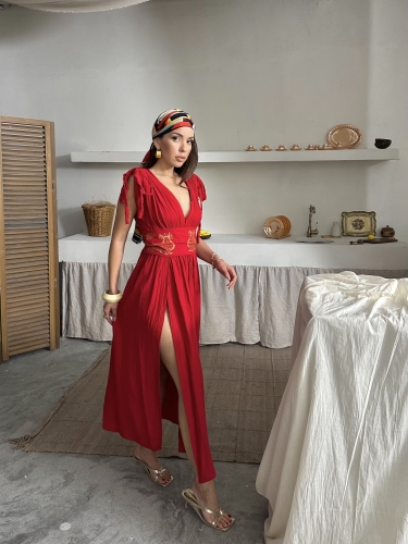 Elsa Yırtmaçlı Müslin Kumaş Şahmeran Elbise Kırmızı - 4