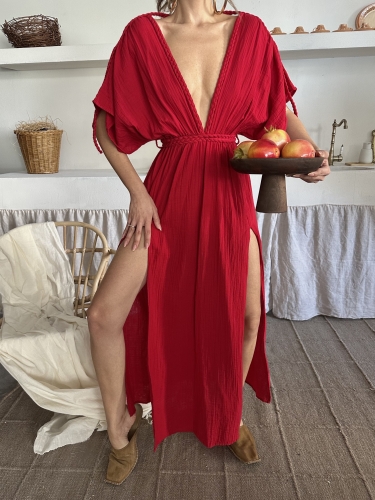 Emaline V Yaka Organik Müslin Kumaş Yırtmaçlı Elbise Kırmızı - 3
