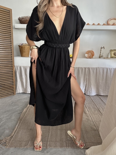 Emaline V Yaka Organik Müslin Kumaş Yırtmaçlı Elbise Siyah - 2