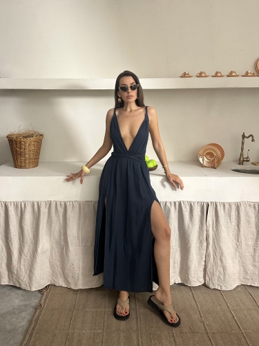 Helga Sırt Dekolteli Yırtmaçlı Müslin Kumaş Elbise Lacivert - 1