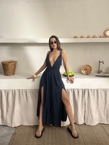 Helga Sırt Dekolteli Yırtmaçlı Müslin Kumaş Elbise Lacivert - 6