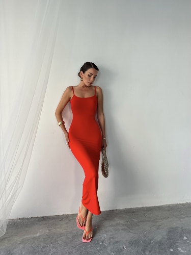 Jannica İp Askılı Penye Elbise Kırmızı - 3