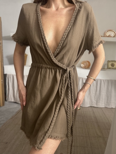 Lara Belden Bağlamalı V Yaka Mini Elbise Kahverengi - 5