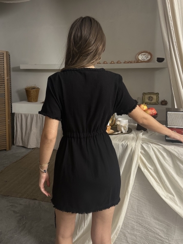 Lara Belden Bağlamalı V Yaka Mini Elbise Siyah - 4