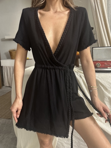 Lara Belden Bağlamalı V Yaka Mini Elbise Siyah - 3