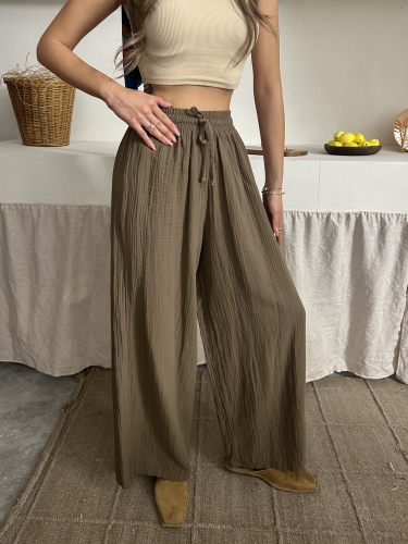 Maja Müslin Kumaş Geniş Pantolon Kahverengi - 4