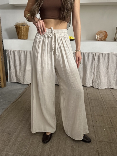 Maja Müslin Kumaş Geniş Pantolon Bej - 3