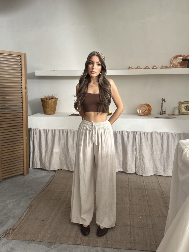 Maja Müslin Kumaş Geniş Pantolon Bej - 2