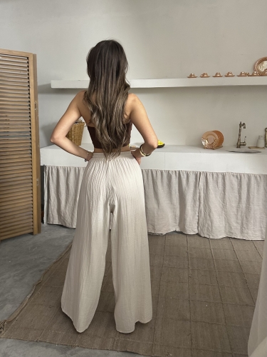 Maja Müslin Kumaş Geniş Pantolon Bej - 4