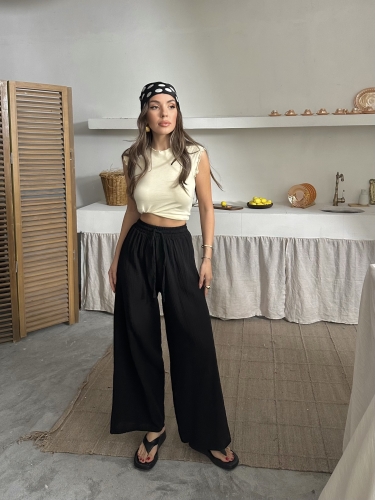 Maja Müslin Kumaş Geniş Pantolon Siyah - 2