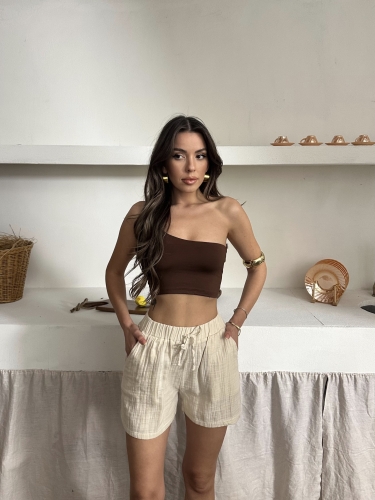 Melina Müslin Kumaş Şort Bej - 5