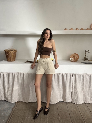 Melina Müslin Kumaş Şort Bej - 6