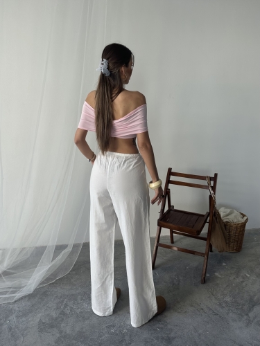 Nadia Keten Bel Kuşaklı Pantolon Beyaz - 2