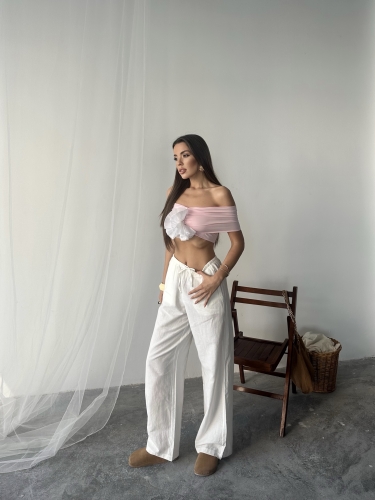 Nadia Keten Bel Kuşaklı Pantolon Beyaz - 3