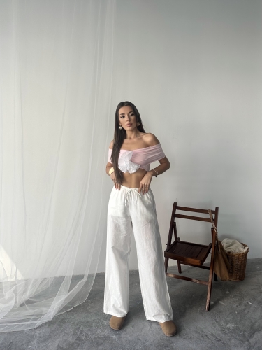 Nadia Keten Bel Kuşaklı Pantolon Beyaz 