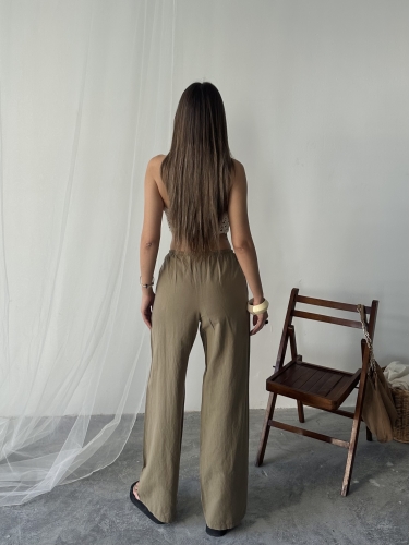 Nadia Keten Bel Kuşaklı Pantolon Kahverengi - 3