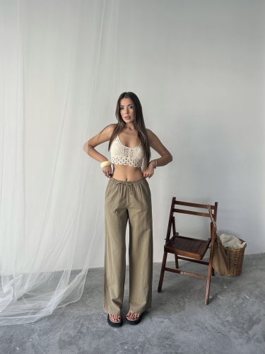 Nadia Keten Bel Kuşaklı Pantolon Kahverengi - 2