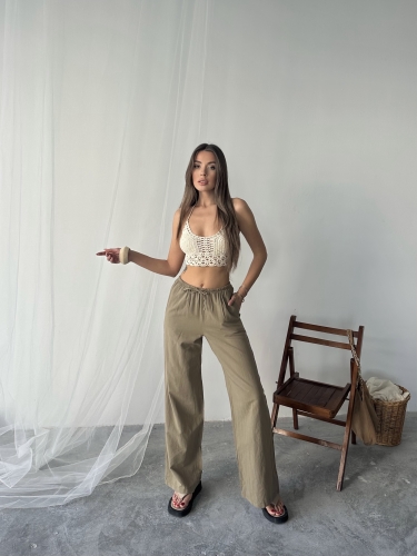 Nadia Keten Bel Kuşaklı Pantolon Kahverengi - 1