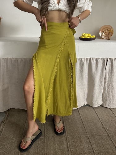 Olivia Keten Tasarım Yırtmaçlı Etek Olive Oil - 3