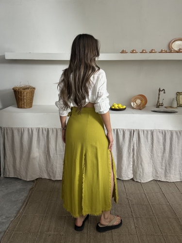 Olivia Keten Tasarım Yırtmaçlı Etek Olive Oil - 5