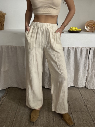 Talia Organik Müslin Kumaş Pantolon Bej - 3