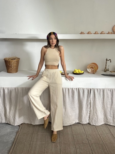 Talia Organik Müslin Kumaş Pantolon Bej - 5
