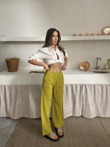Talia Organik Müslin Kumaş Pantolon Olive Oil - 6