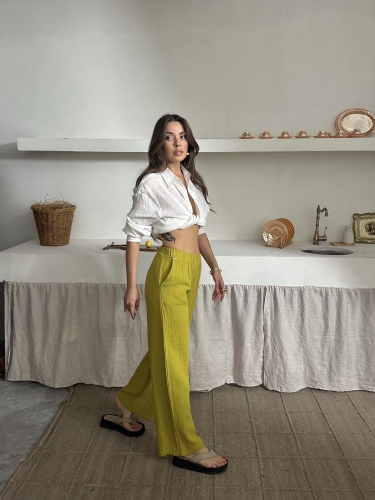 Talia Organik Müslin Kumaş Pantolon Olive Oil - 1