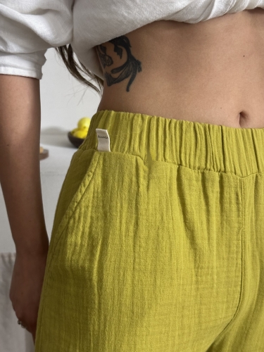 Talia Organik Müslin Kumaş Pantolon Olive Oil - 2